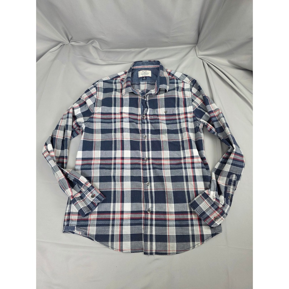 Flag & Anthem Mens Medium Athletic Fit Plaid Button Down Shirt Navy Red White